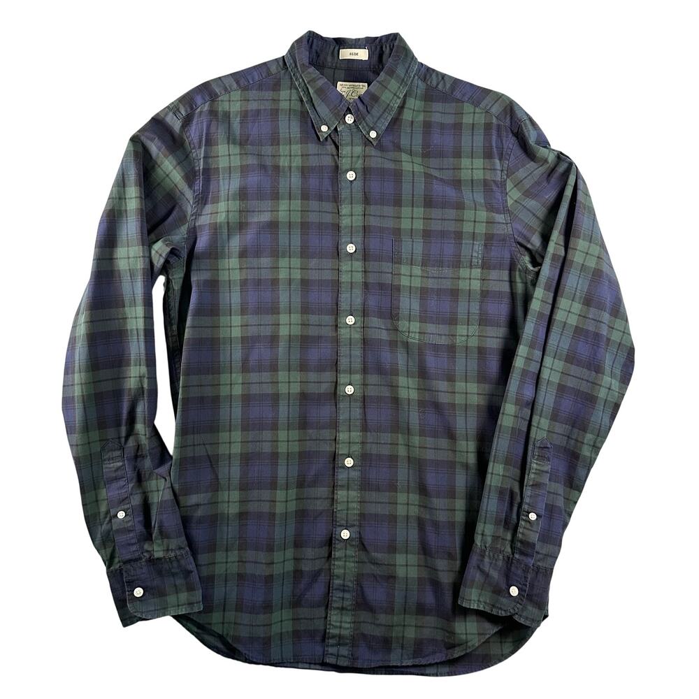 J. Crew Men's Med Slim Strech Wash Shirting Black Watch Tartan Green Blue Plaid